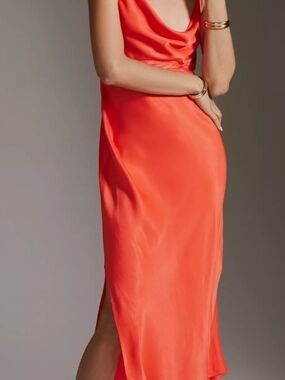 NWT By ANTHROPOLOGIE Silky Cowl Neck Slip Dress - Orange RED